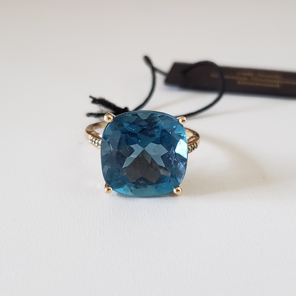 14K Yellow Gold London Blue Topaz Diamond Ring Size 8